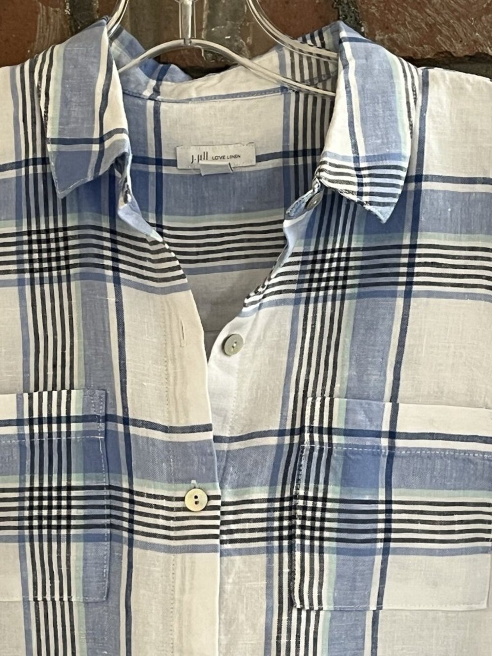 J. Jill Love Linen Shift Shirt Dress Blue & White Plaid Button Up Pockets XS - Picture 3 of 5